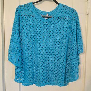 Harmony L Bright Teal / Blue Eyelet Lace Knit Poncho style Top / Blouse